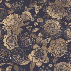 Behang Vintage stijl Uitstekend bloemen naadloos patroon. Pioenrozen, rozen en vlinders.