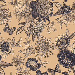Nahtloses Blumenmuster der Weinlese. Pfingstrosen, Rosen und Schmetterlinge. © marinavorona