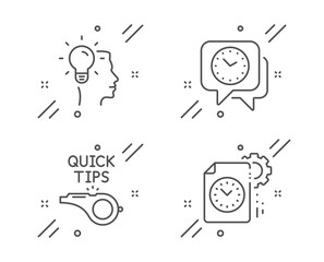 Clock, Idea and Tutorials line icons set. Project deadline sign. Time, Professional job, Quick tips. Time management. Education set. Line clock outline icon. Vector