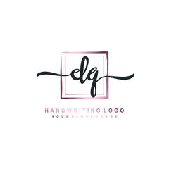 DQ Initial handwriting logo design with brush box lines dark pink color gradation. handwritten logo for fashion, team, wedding, luxury logo.