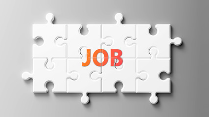 Job complex like a puzzle - pictured as word Job on a puzzle pieces to show that Job can be difficult and needs cooperating pieces that fit together, 3d illustration