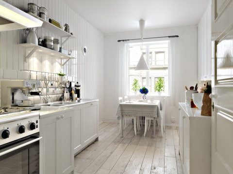 Scandinavian contemporary style kitchen with eating area and simplistic accents. 3d rendering