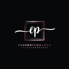EP Initial handwriting logo design with brush box lines dark pink color gradation. handwritten logo for fashion, team, wedding, luxury logo.