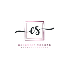 ES Initial handwriting logo design with brush box lines dark pink color gradation. handwritten logo for fashion, team, wedding, luxury logo.