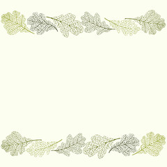Border frame with oak leaves on ivory. Vector illustration of a pattern of skeletonized plant elements. Hand drawn botanical sketch. 