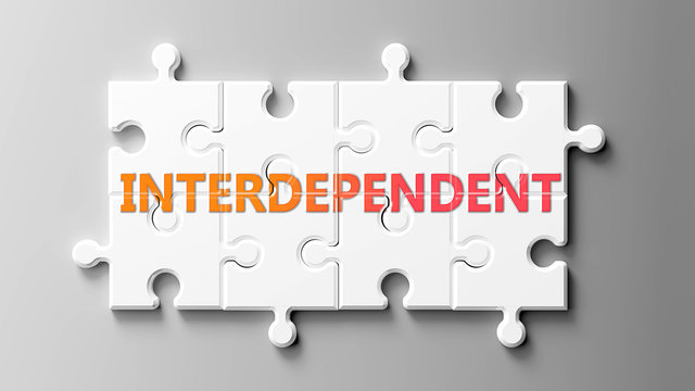Interdependent complex like a puzzle - pictured as word Interdependent on a puzzle pieces to show that Interdependent can be difficult and needs cooperating pieces that fit together, 3d illustration