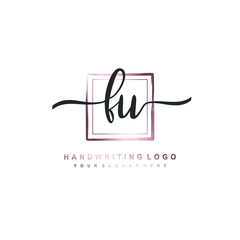 FU Initial handwriting logo design with brush box lines dark pink color gradation. handwritten logo for fashion, team, wedding, luxury logo.
