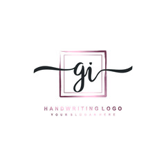 GI Initial handwriting logo design with brush box lines dark pink color gradation. handwritten logo for fashion, team, wedding, luxury logo.