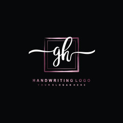 GH Initial handwriting logo design with brush box lines dark pink color gradation. handwritten logo for fashion, team, wedding, luxury logo.