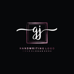 GJ Initial handwriting logo design with brush box lines dark pink color gradation. handwritten logo for fashion, team, wedding, luxury logo.