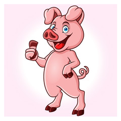 Fototapeta premium A cartoon pig is standing up giving a thumbs up.