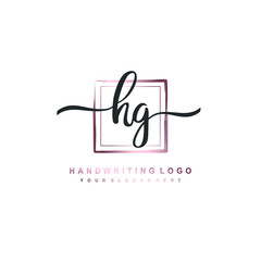 HG Initial handwriting logo design with brush box lines dark pink color gradation. handwritten logo for fashion, team, wedding, luxury logo.