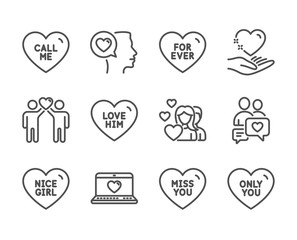 Set of Love icons, such as Miss you, Love him, Web love, For ever, Only you, Nice girl, Call me, Friends couple, Romantic talk, Hold heart, Couple, Dating chat line icons. Miss you icon. Vector