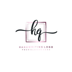 HQ Initial handwriting logo design with brush box lines dark pink color gradation. handwritten logo for fashion, team, wedding, luxury logo.