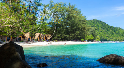 Panorama of a paradise island in Thailand, white sand and clear water