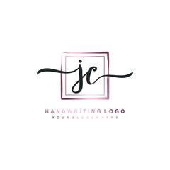 JC Initial handwriting logo design with brush box lines dark pink color gradation. handwritten logo for fashion, team, wedding, luxury logo.
