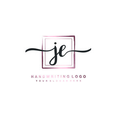 JE Initial handwriting logo design with brush box lines dark pink color gradation. handwritten logo for fashion, team, wedding, luxury logo.