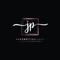 JP Initial handwriting logo design with brush box lines dark pink color gradation. handwritten logo for fashion, team, wedding, luxury logo.