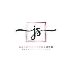 JS Initial handwriting logo design with brush box lines dark pink color gradation. handwritten logo for fashion, team, wedding, luxury logo.