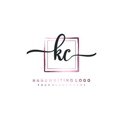 KC Initial handwriting logo design with brush box lines dark pink color gradation. handwritten logo for fashion, team, wedding, luxury logo.