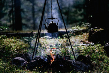 Old kettle in bushcraft camping