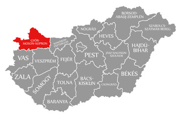 Gyor-Moson-Sopron red highlighted in map of Hungary