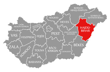 Hajdu-Bihar red highlighted in map of Hungary