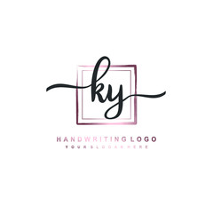 KY Initial handwriting logo design with brush box lines dark pink color gradation. handwritten logo for fashion, team, wedding, luxury logo.