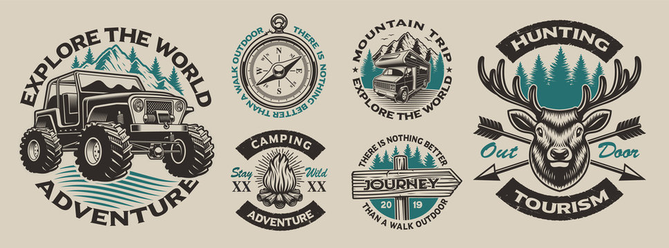 Set of vector vintage logos for the camping theme. Perfect for posters, apparel, T-shirt design and many other. Layered