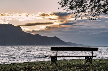 Amazing view from bench of Leman lake in Switzerland alps