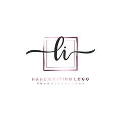LI Initial handwriting logo design with brush box lines dark pink color gradation. handwritten logo for fashion, team, wedding, luxury logo. - obrazy, fototapety, plakaty