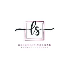 LS Initial handwriting logo design with brush box lines dark pink color gradation. handwritten logo for fashion, team, wedding, luxury logo.