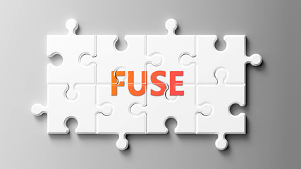 Fuse complex like a puzzle - pictured as word Fuse on a puzzle pieces to show that Fuse can be difficult and needs cooperating pieces that fit together, 3d illustration