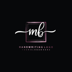 MB Initial handwriting logo design with brush box lines dark pink color gradation. handwritten logo for fashion, team, wedding, luxury logo.