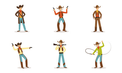 Cowboy Western Character In Traditional Clothes In Different Poses And Actions Vector Illustration Set Isolated On White Background