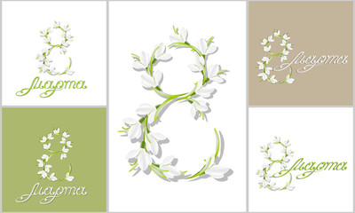 Postcard with congratulation or greeting caption for women's day 8 March. Template with spring inscription and blooming snowdrop flowers. Floral card with swirl handwritten text. Vector, EPS 10