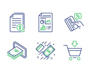 Financial documents, Cash and Report document line icons set. Payment, Credit card and Online market signs. Check docs, Atm payment, Growth chart. Money. Finance set. Vector
