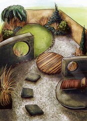 Landscape architecture design plan in the courtyard of the villa, country house, in the country. Visualization, drawing, picture, sketch, 3d illustration 