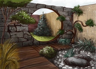 Landscape architecture design plan in the courtyard of the villa, country house, in the country. Visualization, drawing, picture, sketch, 3d illustration 