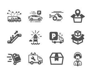 Set of Transportation icons, such as Shipping support, Escalator, Packing boxes, Lighthouse, Package location, Push cart, Medical helicopter, Truck delivery, Car parking, Package box. Vector
