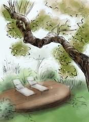 Landscape architecture design plan in the courtyard of the villa, country house, in the country. Visualization, drawing, picture, sketch, 3d illustration 