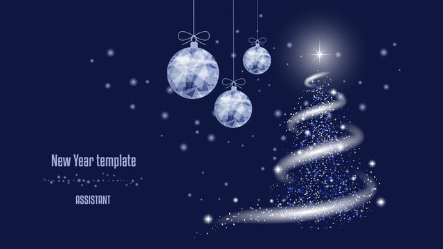  Template for New Year or Christmas project, snow, stars, New Year tree, blizzard, New Year balls. Background of beautiful dark blue night sky.