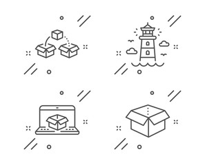 Parcel shipping, Lighthouse and Online delivery line icons set. Open box sign. Send box, Beacon tower, Parcel tracking website. Delivery package. Transportation set. Vector