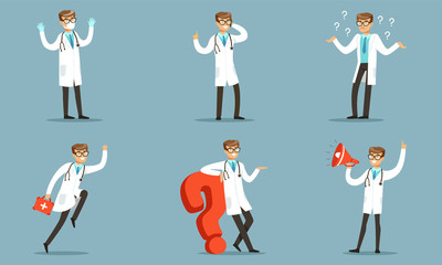 Doctor Character In Different Actions Pondering A Patients Diagnoses Vector Illustration Set Isolated On Blue Background