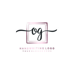 OG Initial handwriting logo design with brush box lines dark pink color gradation. handwritten logo for fashion, team, wedding, luxury logo.