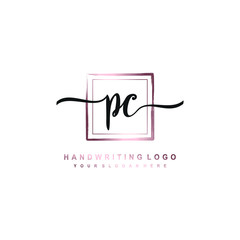 PC Initial handwriting logo design with brush box lines dark pink color gradation. handwritten logo for fashion, team, wedding, luxury logo.