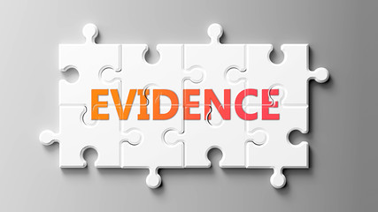 Evidence complex like a puzzle - pictured as word Evidence on a puzzle pieces to show that Evidence can be difficult and needs cooperating pieces that fit together, 3d illustration