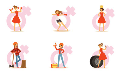 Fragile Woman Doing Traditional Mens Work Vector Illustration Set Isolated On White Background