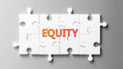 Equity complex like a puzzle - pictured as word Equity on a puzzle pieces to show that Equity can be difficult and needs cooperating pieces that fit together, 3d illustration