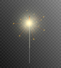 Magical light. Sparkler. Candle sparkling on the background. Realistic vector light effect. Winter, seasonal christmas decoration illustration.